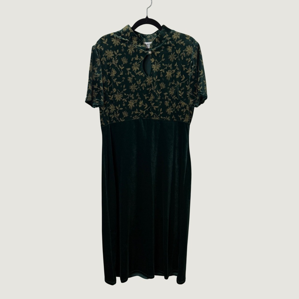 Vintage 90s Caroline Wells Green Velvet Maxi Dress Gold Floral Holiday Goth 14